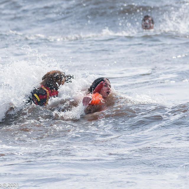 Water dog swimming to rescue person