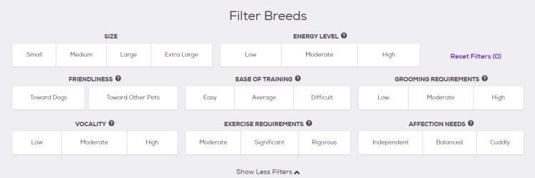 Breed filters on Petfinder