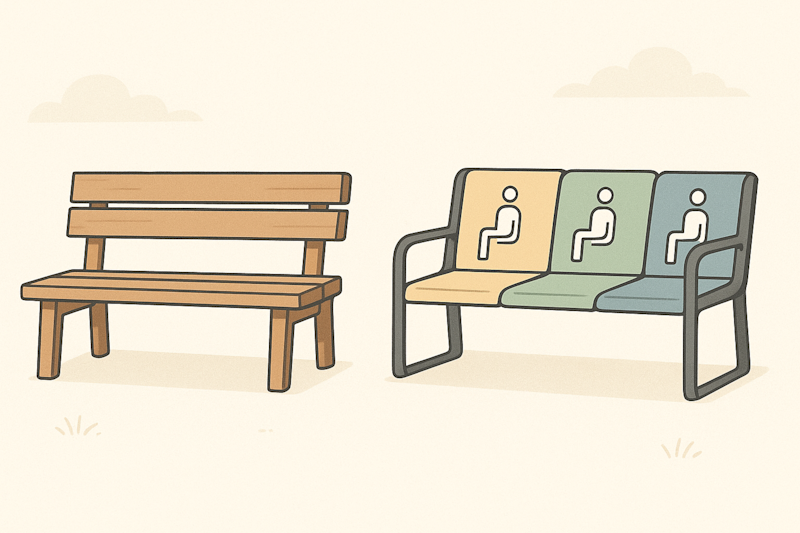 2つの公園のベンチを比較したイラスト。左は水平の木製スラットで作られたシンプルなベンチ。右は同じ形だが、アームレストで3つの座席に区切られ、それぞれに着席を示すピクトグラムと淡い色分けがされている。柔らかな自然光と落ち着いた色調で描かれている。