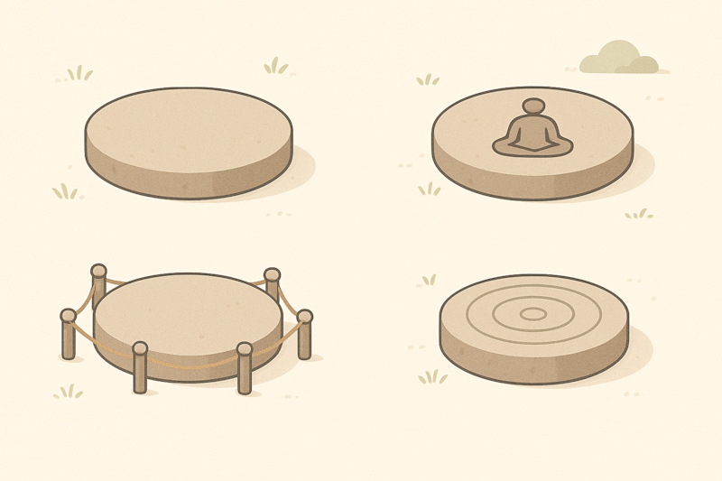 公園にある大きな円形の石を比較する教育的な図。上段左は無地の石、上段右は瞑想する人のシルエットが刻まれた石、下段左はロープで囲まれた石、下段右は同心円模様が彫られた石。柔らかい自然色で描かれ、上からの視点で配置されている。