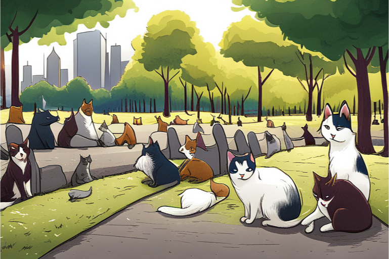 generated image - cats in the park with dogs 2