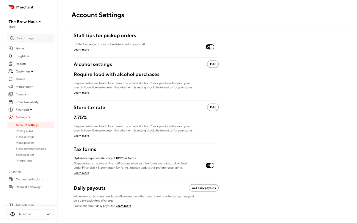 Mx - Portal - Settings - Account Settings - Store Tax