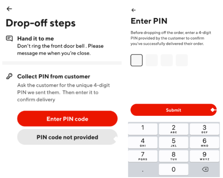 DoorDash PIN deliveries or tasks