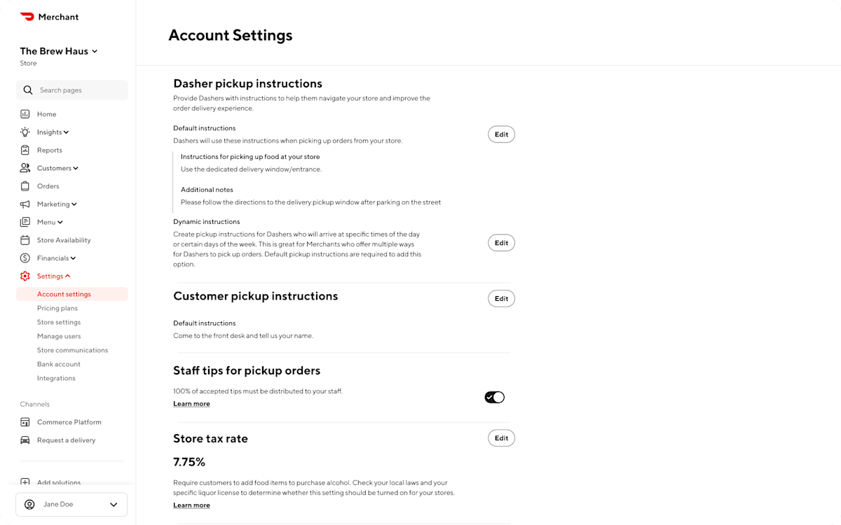 Mx - Portal - Settings - Account Settings - Pickup Instructions