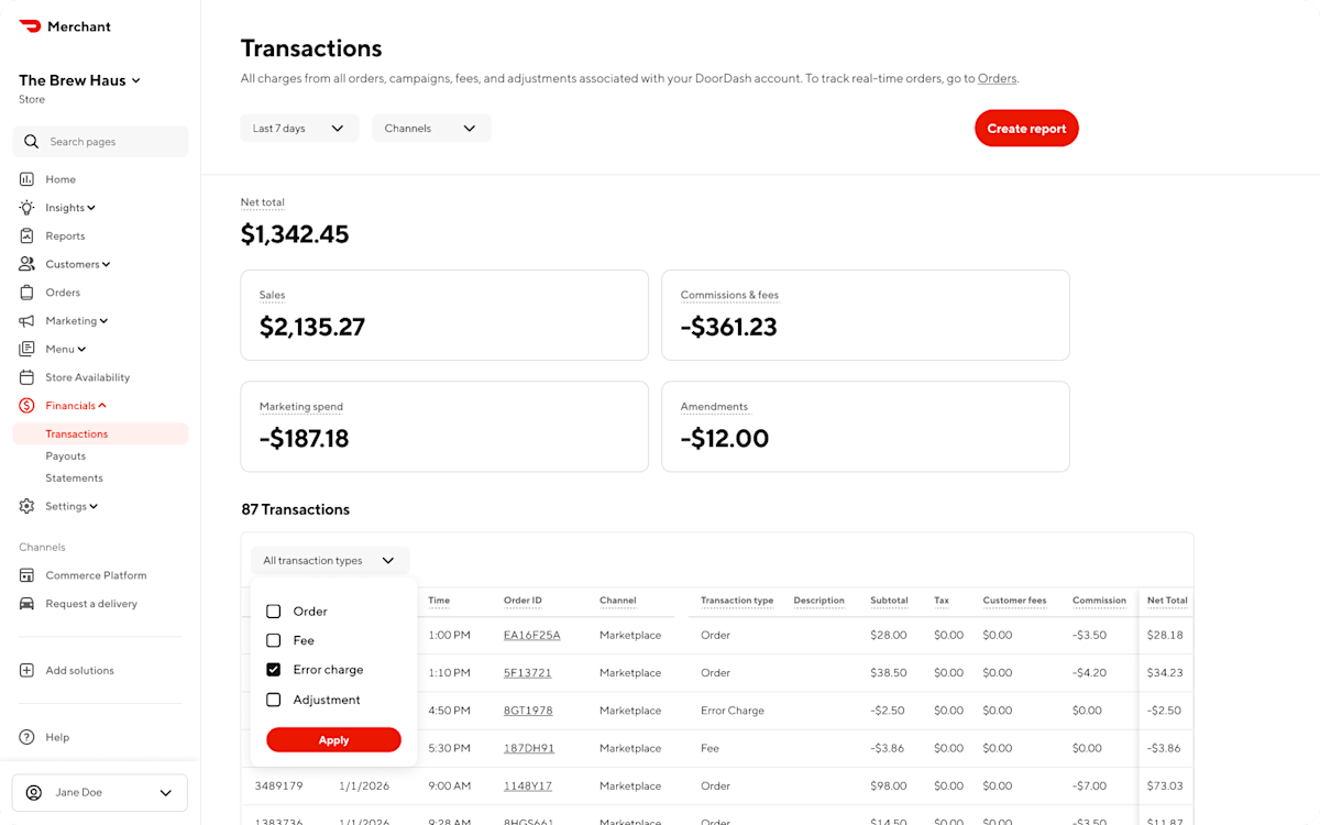 Mx - Portal - Financials - Transactions - Error Charge Dropdown