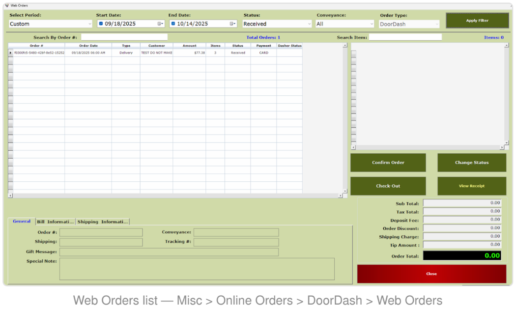 Web orders list