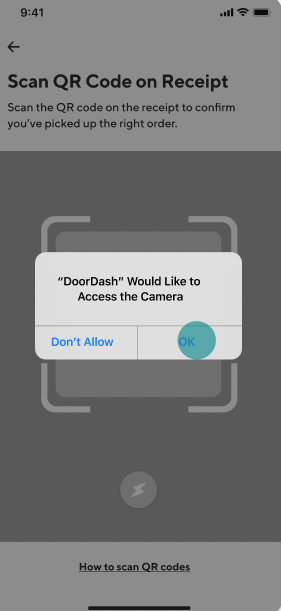 Dx - Tap on OK to allow your Dasher app to access your camera