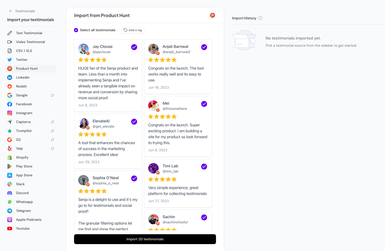 Dozens of Product Hunt Reviews checked with button at bottom to import