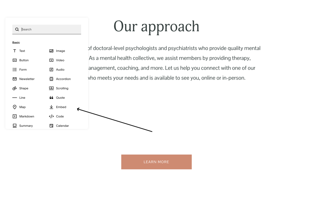 Squarespace block panel - arrow pointing to embed block