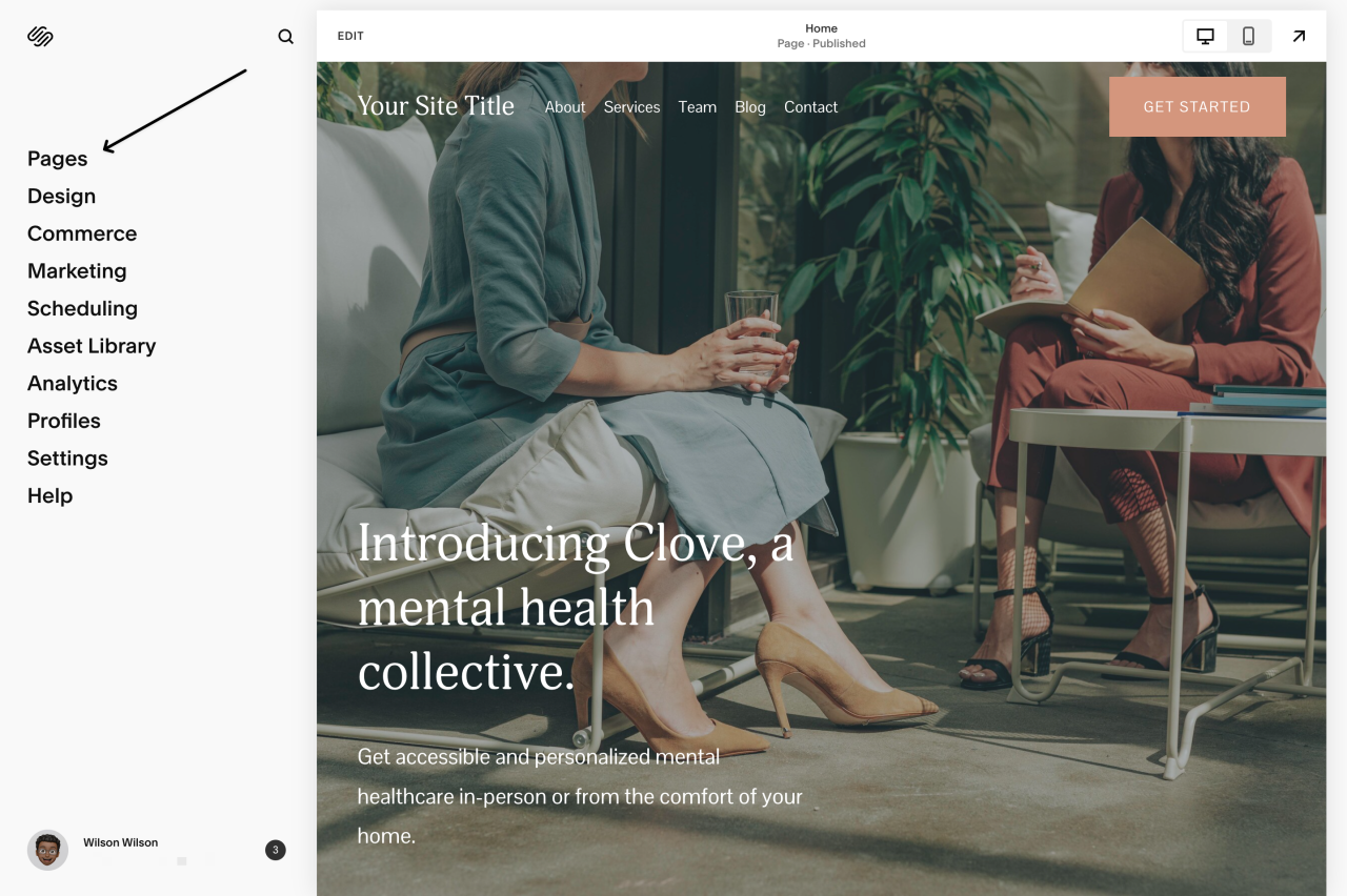Arrow pointing to pages tab in Squarespace site editor