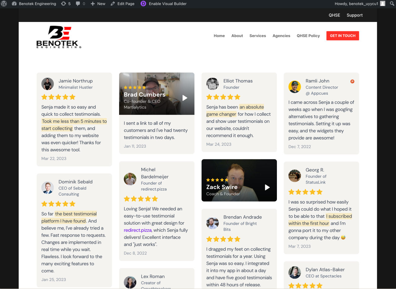 Divi wordpress senja testimonial/review widget on website