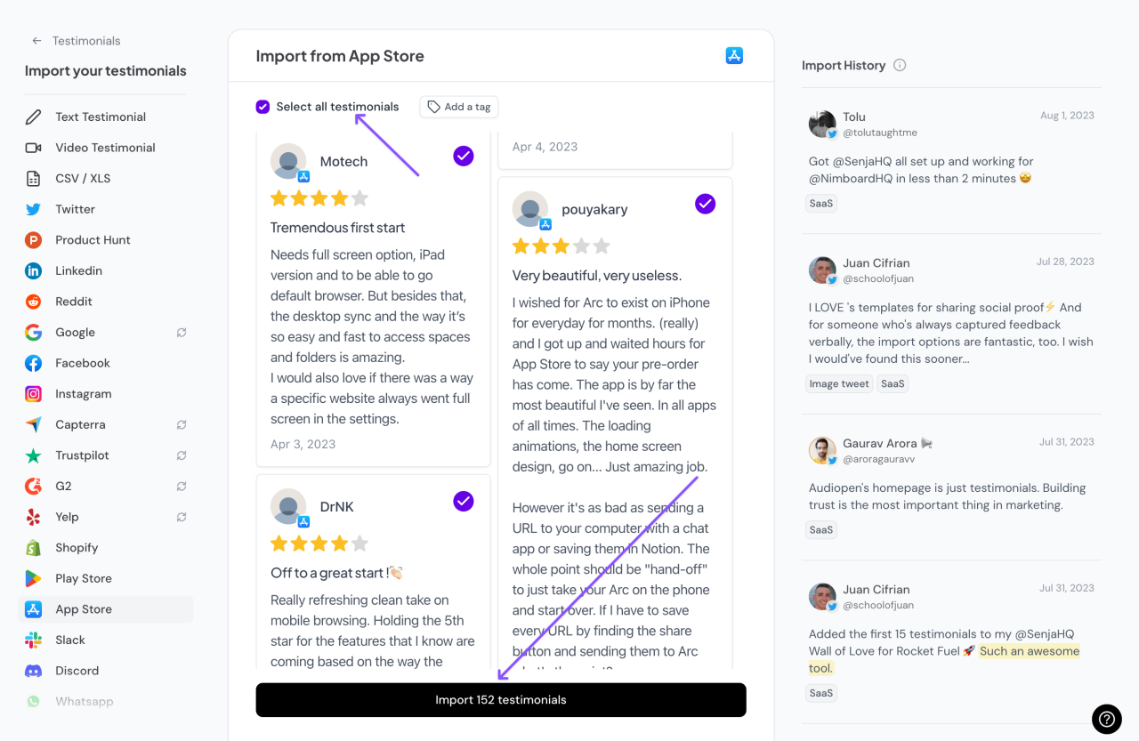 app store reviews select positive testimonials
