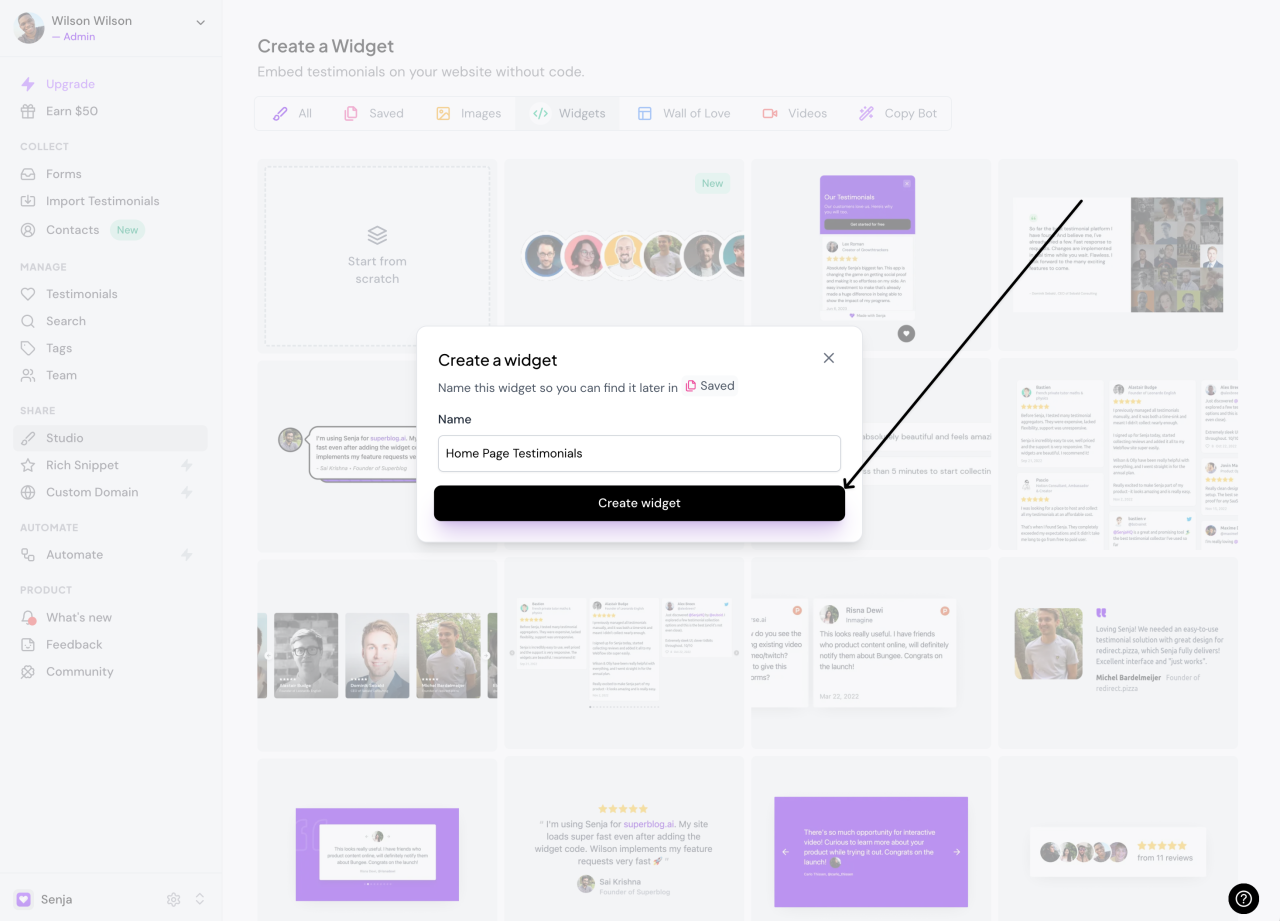 Modal that says "create widget" - home page testimonials senja