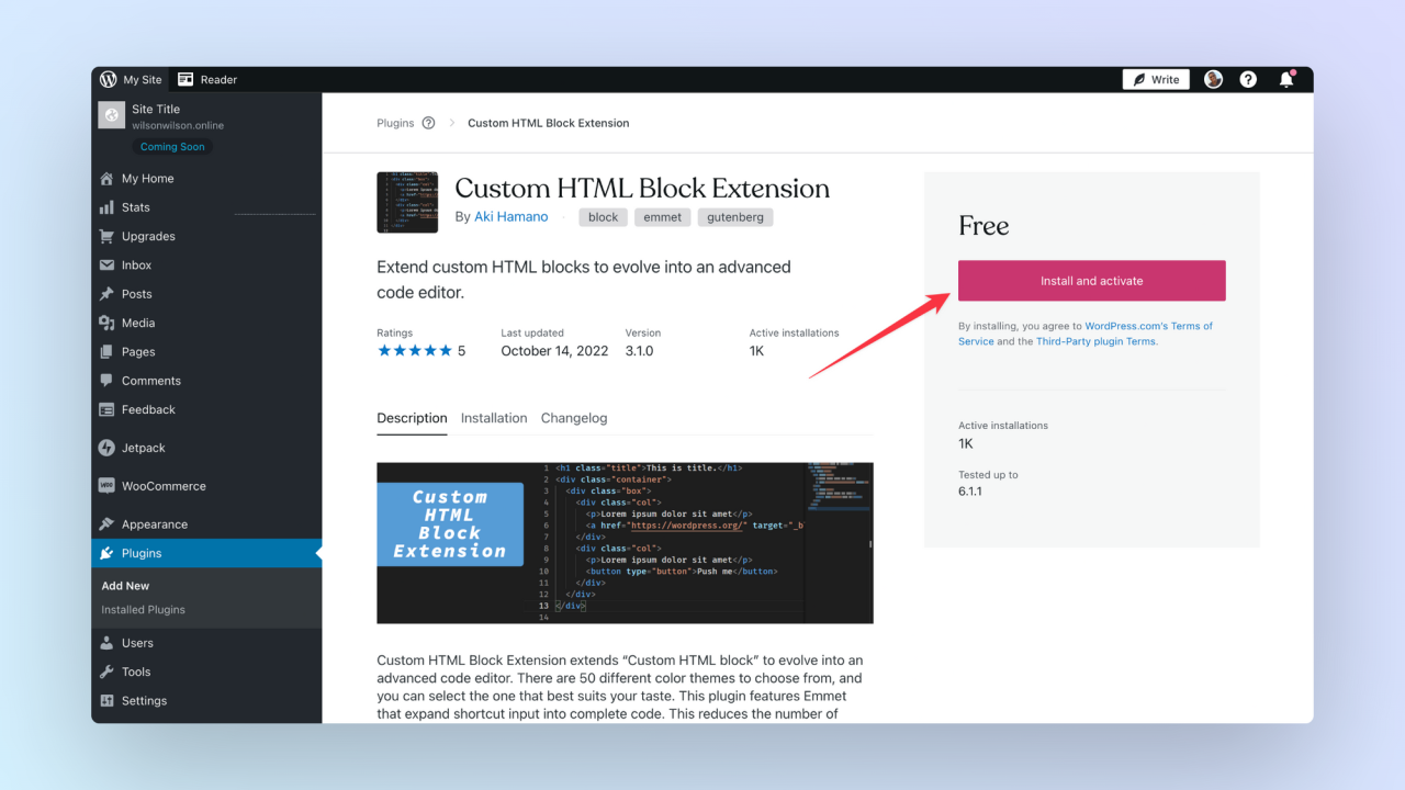 Wordpress Custom HTML Block Extension Page - Arrow pointing to install and activate