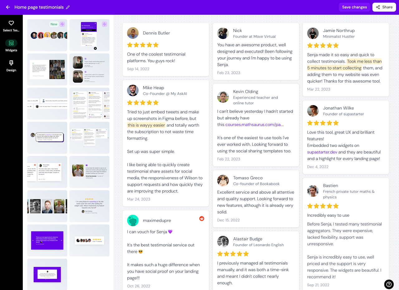 Senja testimonial widget studio editor with dozens of testimonial/review embed templates