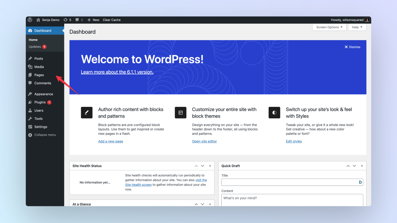 Wordpress Dashboard - Arrow pointing to Pages
