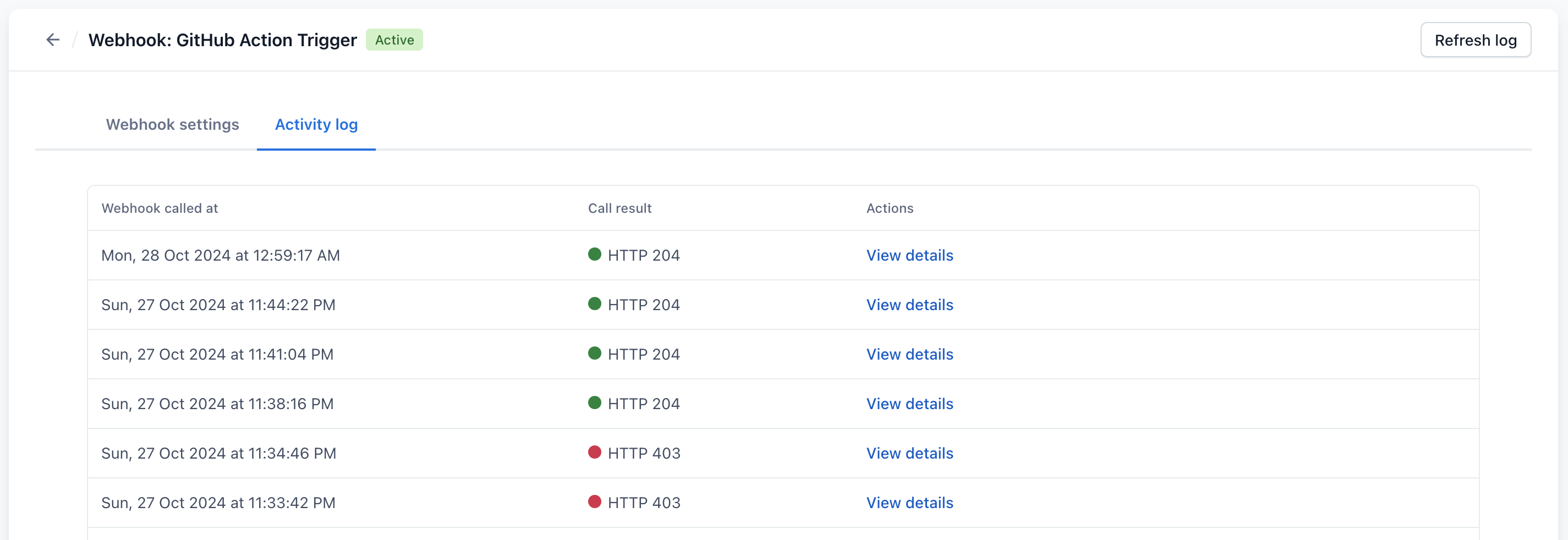 contentful webhook activity log