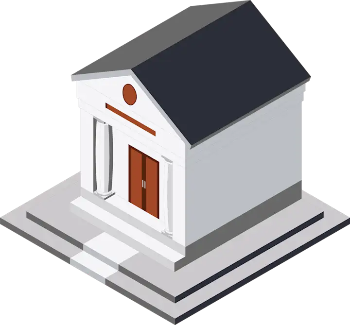 Exterior view of private mausoleum building (Illustration)