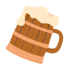 Illustration av en ölmugg i trä med handtag, fylld med skummande öl som rinner över toppen.