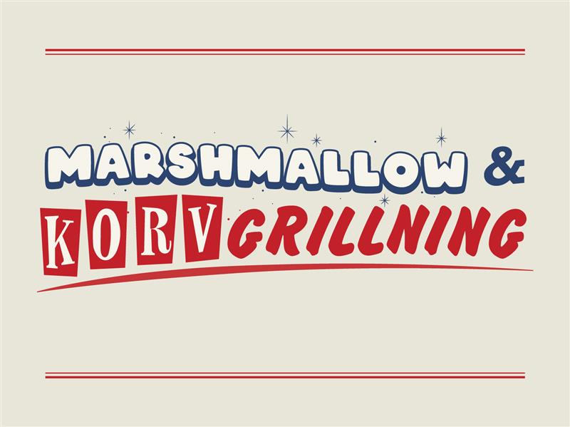 Textgrafik med orden "Marshmallow & Korvgrillning" i feta blå och röda bokstäver på beige bakgrund.