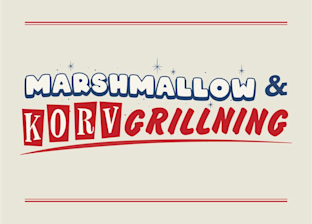 Text graphic reading "Marshmallow & Korvgrillning" with "Marshmallow &" in blue and "KORVGRILLNING" in red with a retro style.