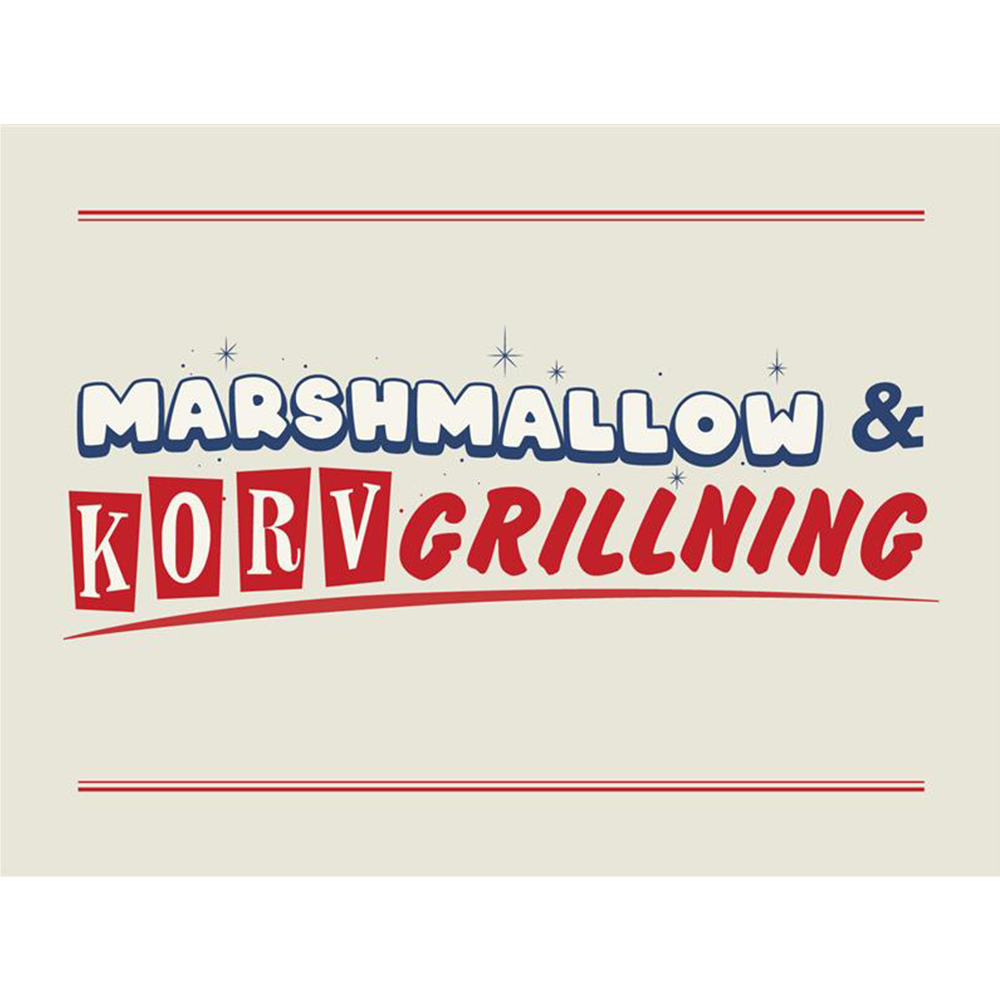 Textgrafik med texten "MARSHMALLOW & KORV GRILLNING" i blå och röda bokstäver på en beige bakgrund med röda horisontella linjer ovanför och under.