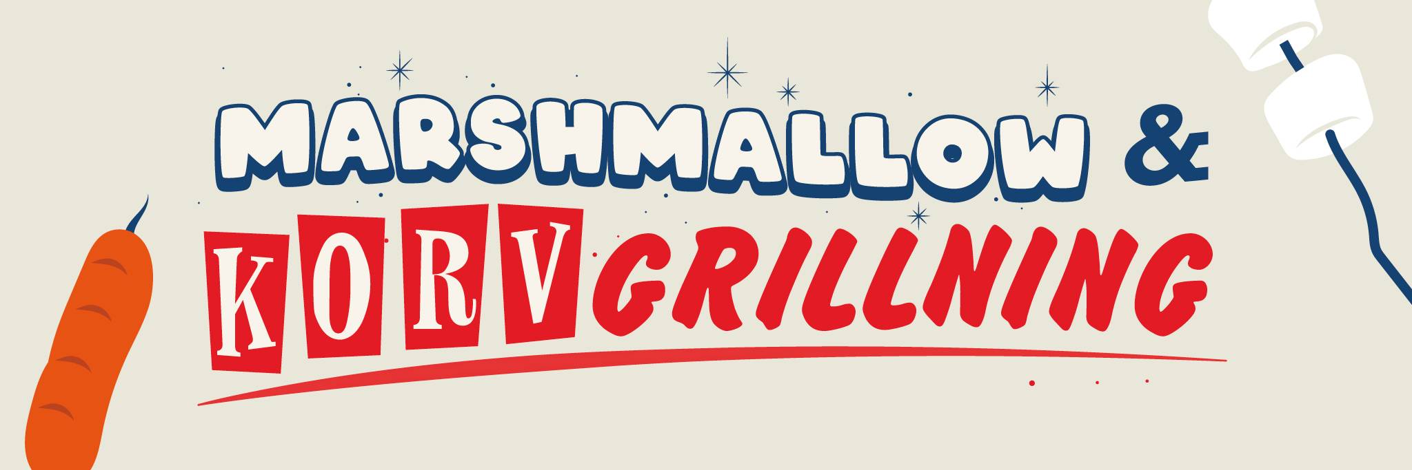 Illustration med texten "Marshmallow & Korv Grilling" med en grillad korv på en pinne till vänster och två marshmallows på en pinne till höger.