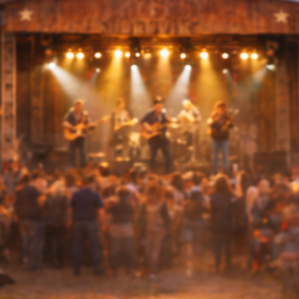 En publik ser ett liveband uppträda på en scen med starka lampor som lyser ner.