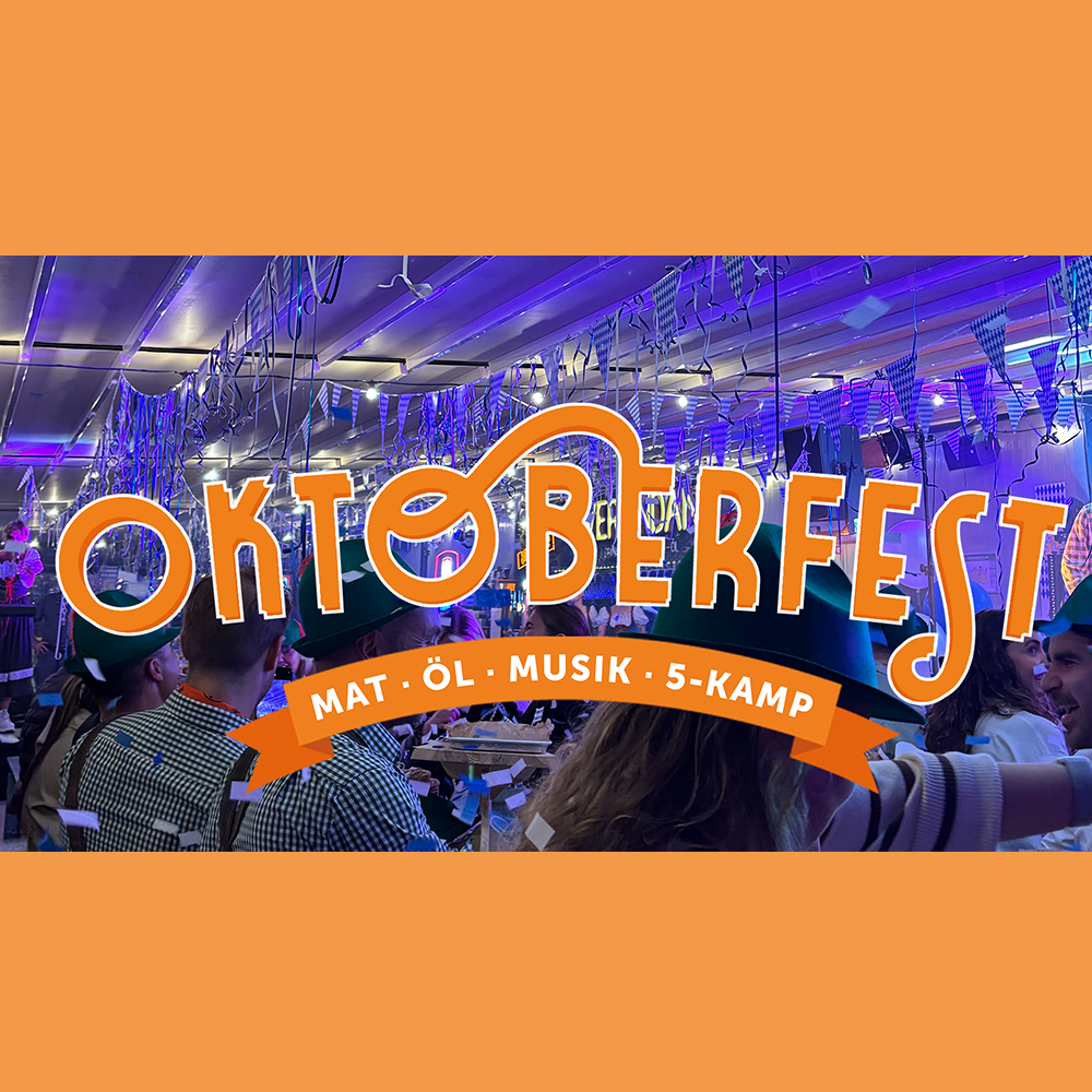 Crowd at an Oktoberfest celebration indoors with blue lighting, decorations, and confetti; large text reads “Oktoberfest” with a banner listing food, beer, music, and competitions.