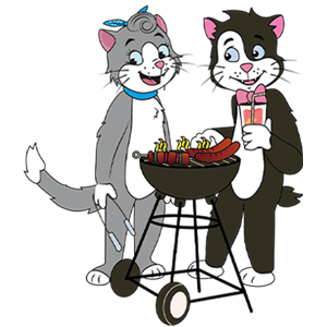 Två tecknade katter står vid en grill; den ena grillar mat med en tång, medan den andra håller i en drink och tittar på.