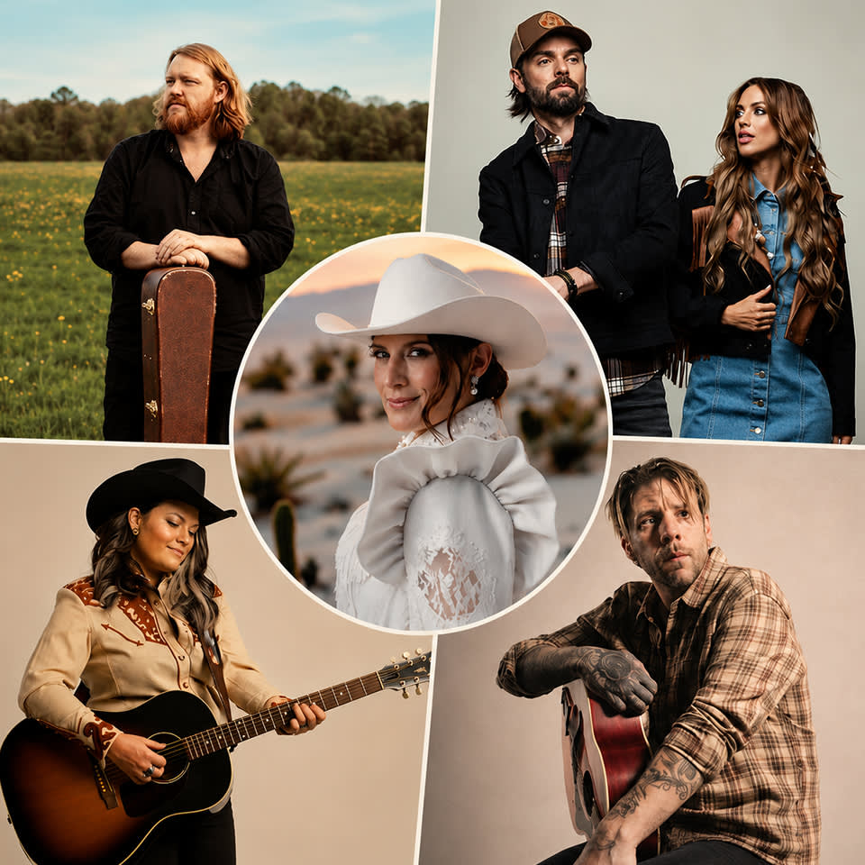 Ett collage av fem countrymusiker, inklusive en kvinna i vit cowboyhatt i mitten, omgiven av fyra andra som håller i gitarrer eller poserar i westernkläder.