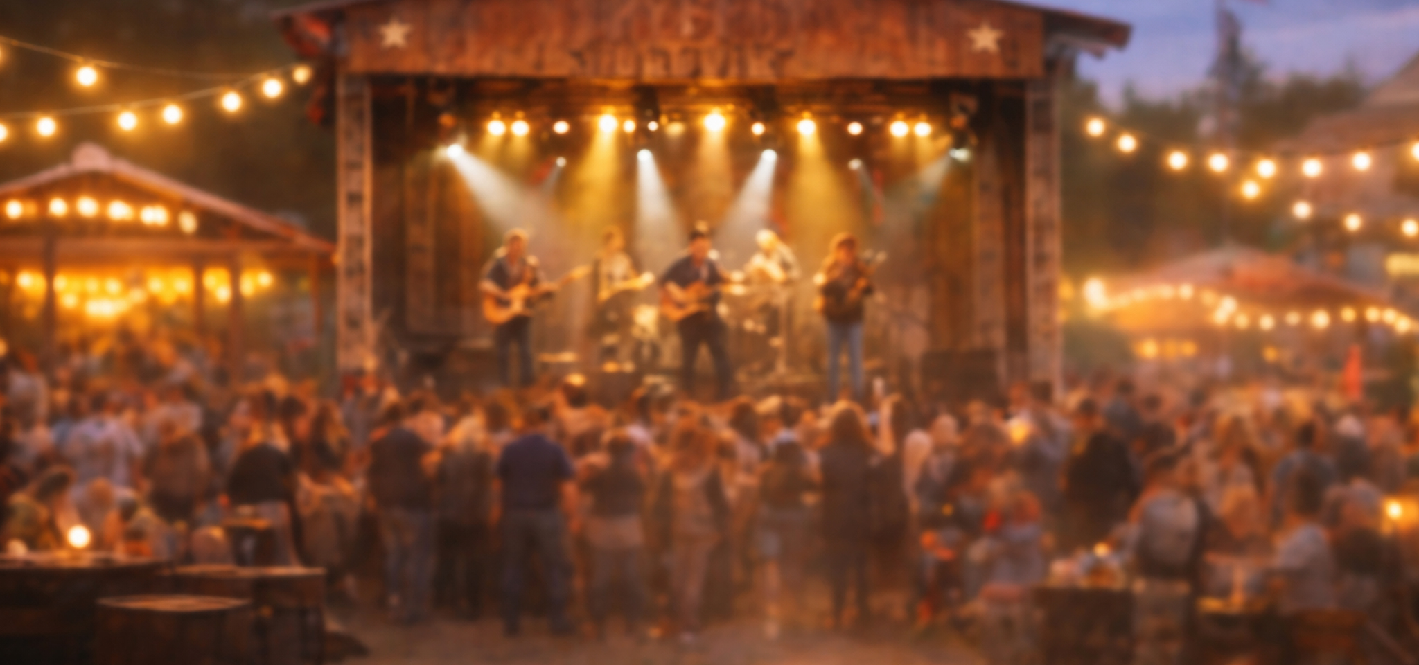 En stor folkmassa samlas framför en utomhusscen där ett band uppträder under ljusslingor i skymningen.