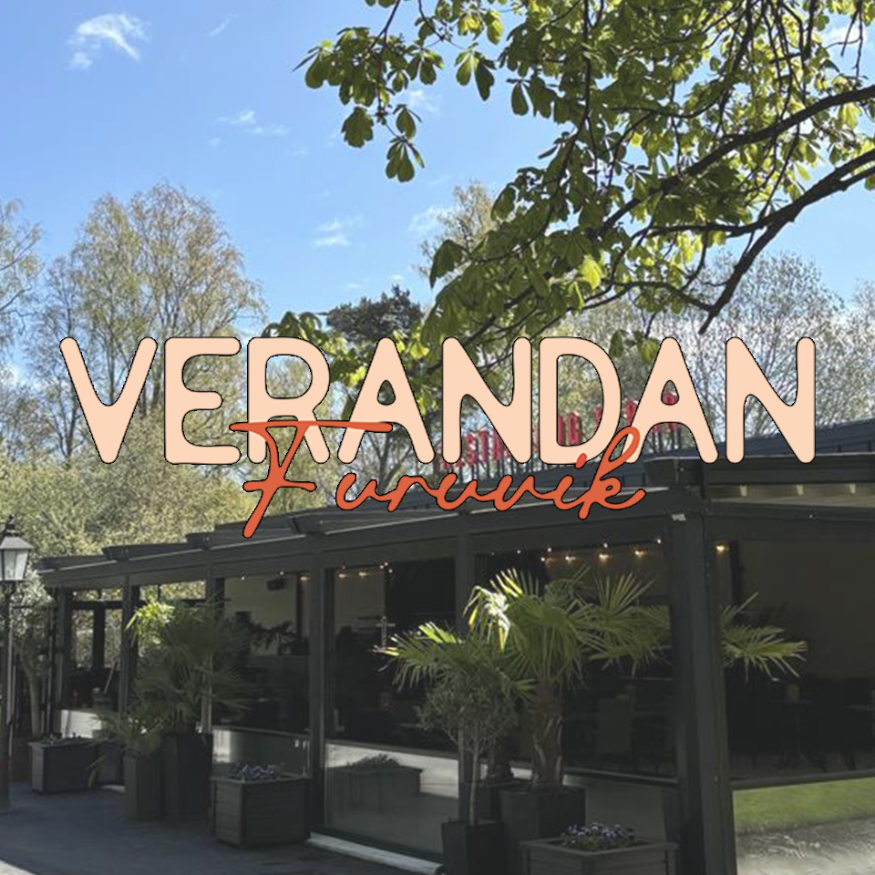 Modern outdoor restaurant with large windows, surrounding greenery, and the text "VERANDAN Furuvik" overlaid on the image.