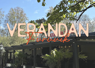 Modern outdoor restaurant with large windows, surrounding greenery, and the text "VERANDAN Furuvik" overlaid on the image.