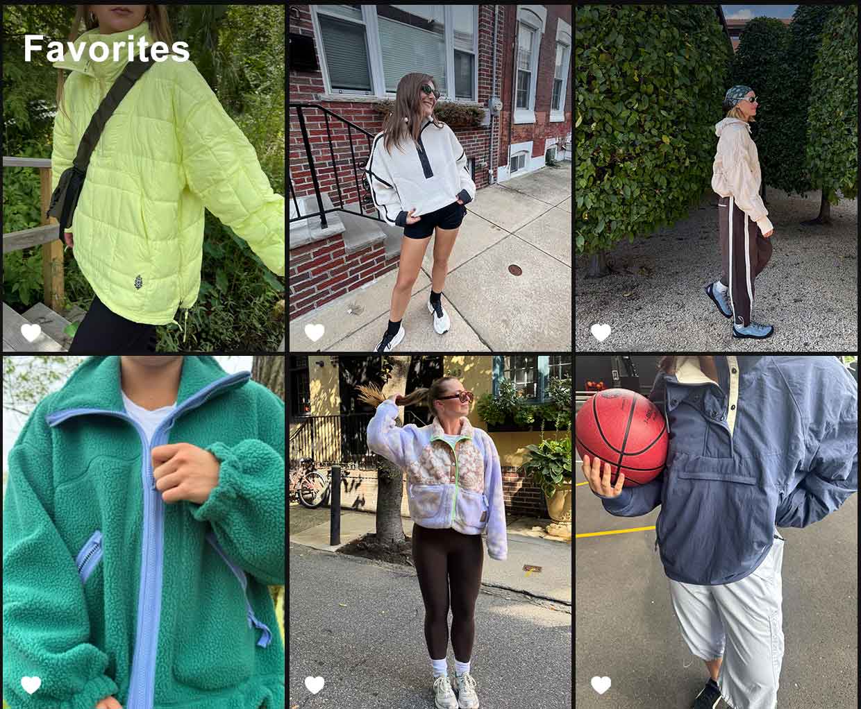 Collage of six lifestyle photos showing women in casual athletic wear including jackets, hoodies, and shorts outdoors.