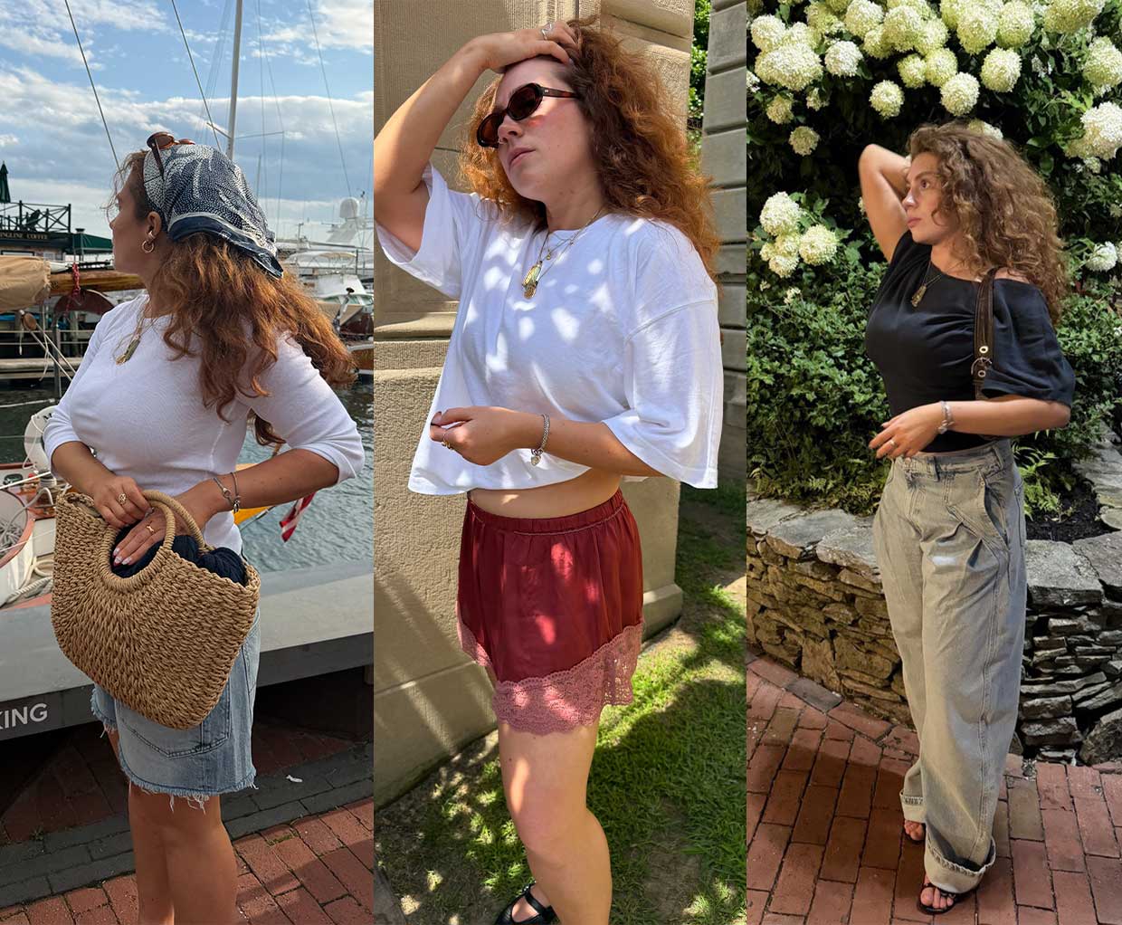 Three-panel fashion photo collage of a woman with curly hair in casual summer outfits at different outdoor locations.