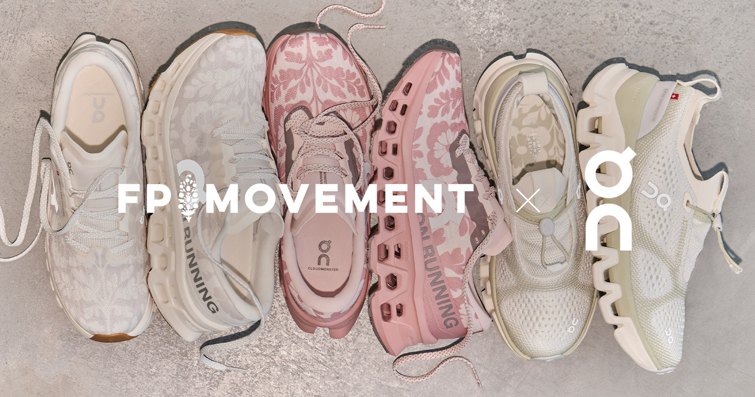 Overhead view of six athletic shoes in neutral and pink tones arranged in a row with FP Movement logo overlay.