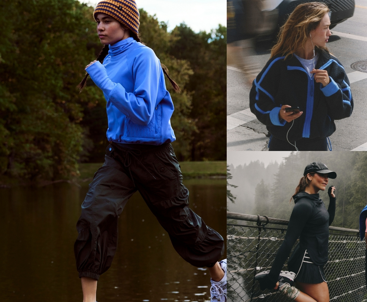 Three people in athletic wear exercising outdoors: woman jogging in blue-striped jacket, person running in blue fleece and beanie, woman in black cap and hoodie.