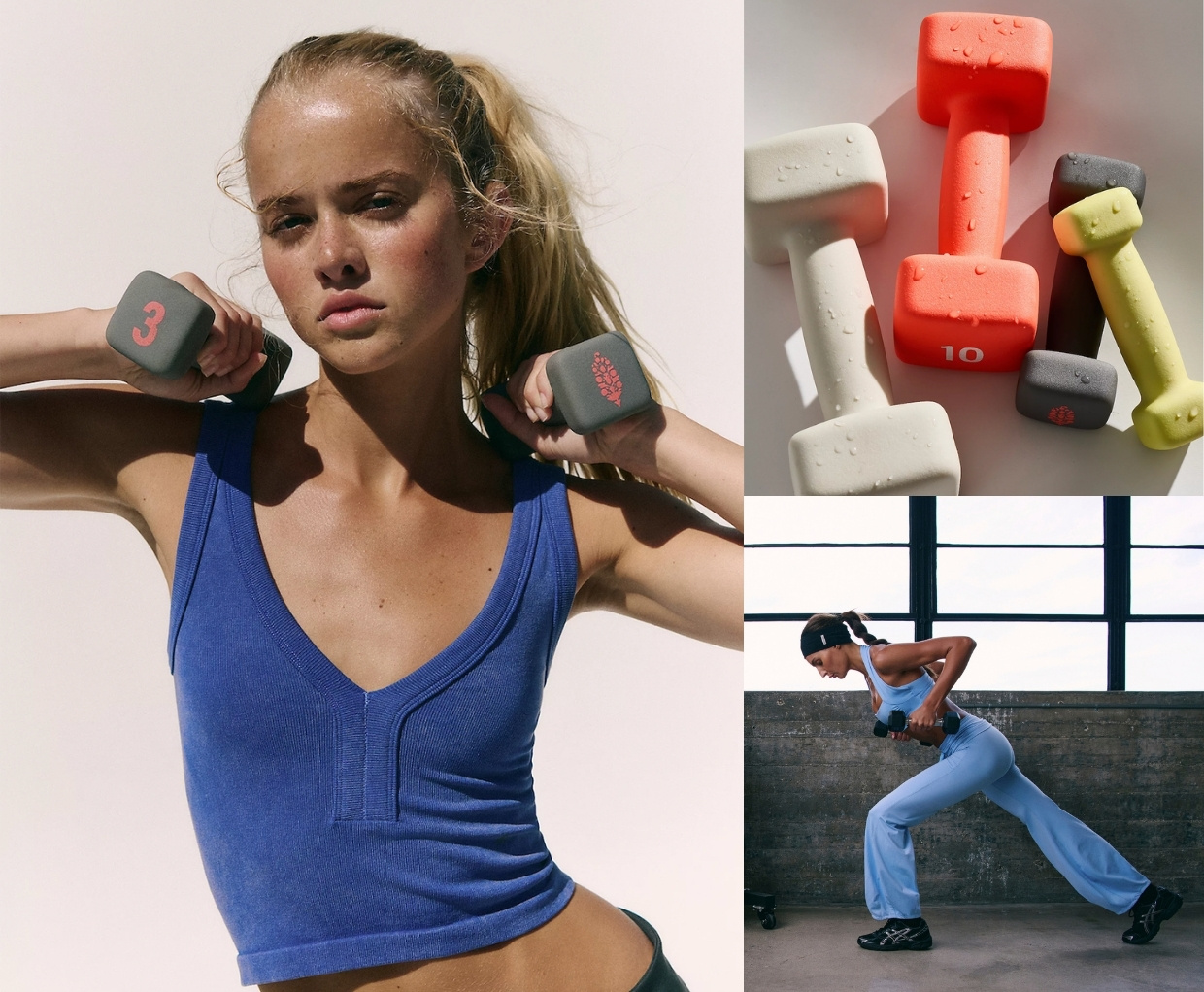 Three fitness images: colorful dumbbells stacked, woman in blue workout pants holding weights, blonde woman in blue tank lifting dumbbells.