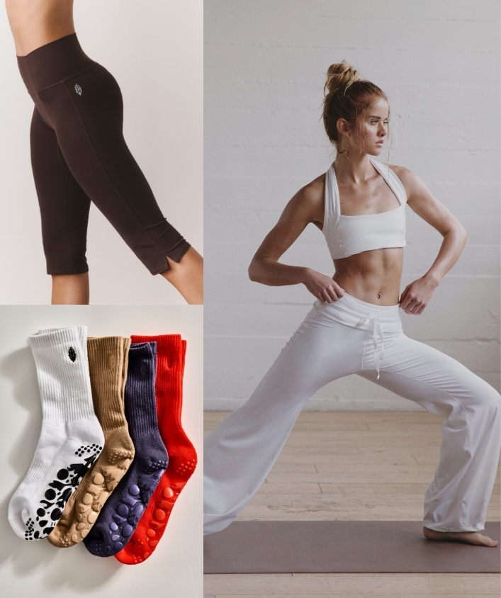 Four-panel image showing activewear: woman in mustard crop top, colorful grip socks, woman in white workout set, brown leggings.