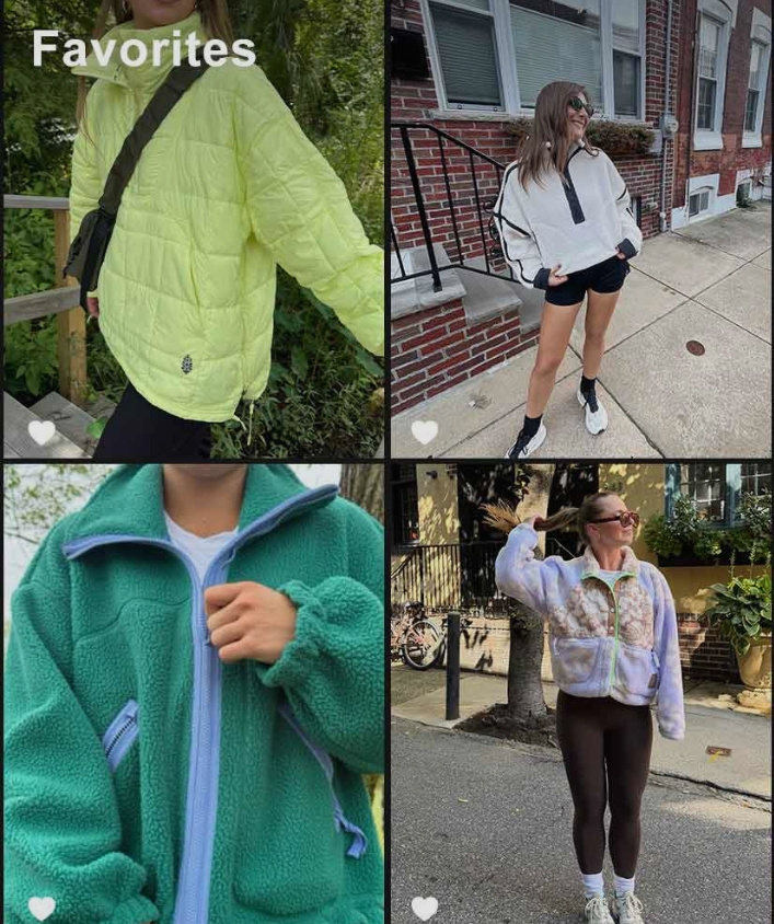 Collage of casual outdoor fashion photos featuring people wearing jackets, hoodies, and athletic wear in various colors and settings.