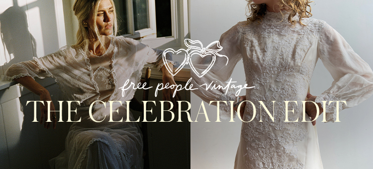 Collage of women in white vintage-style dresses with text overlay reading "free people vintage THE CELEBRATION EDIT"