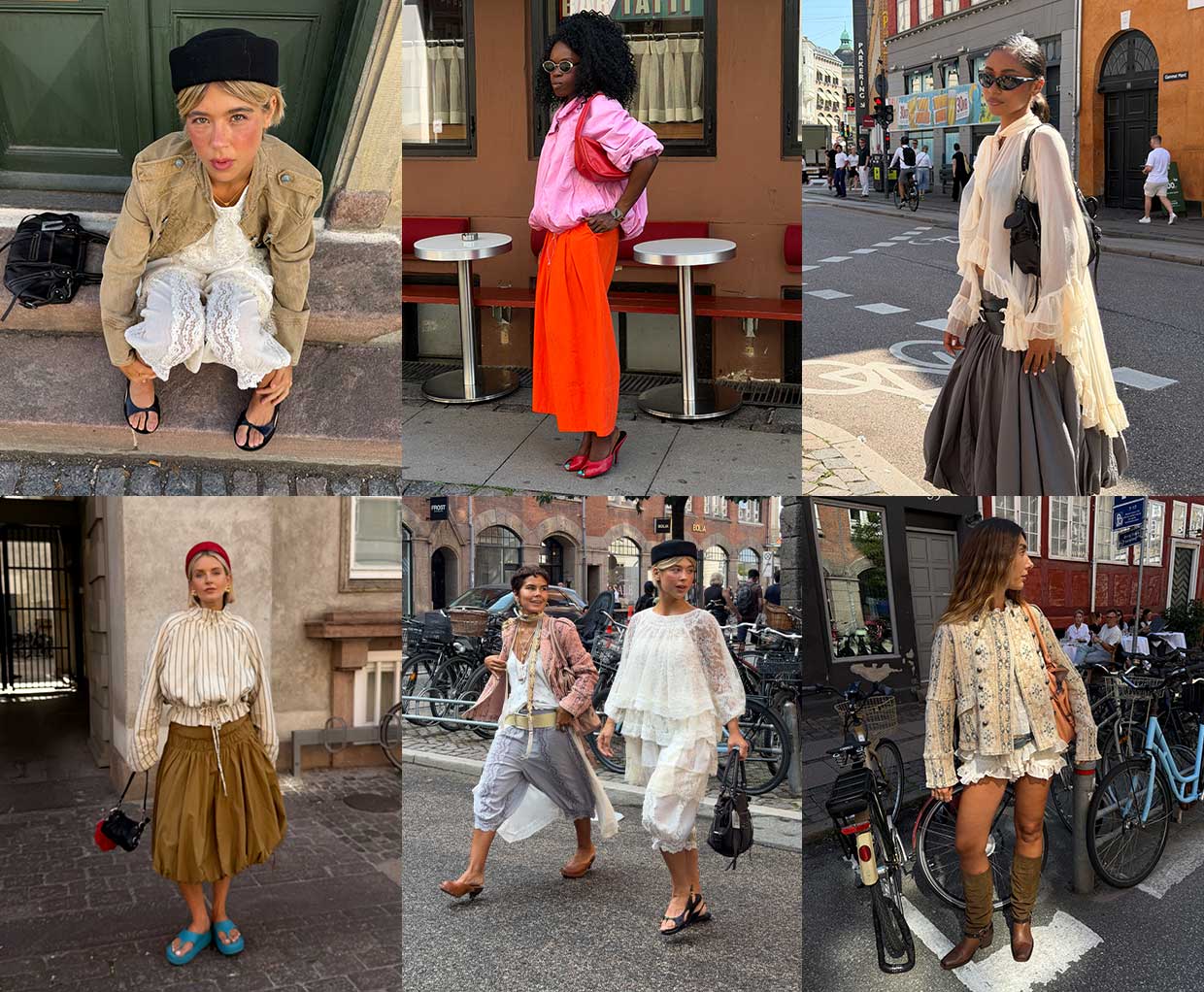 Six-panel collage of women in various stylish outfits posing on city streets and in urban settings with neutral and colorful tones.