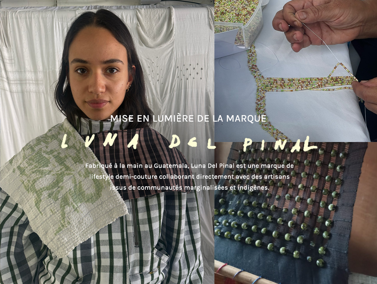 Woman in striped shirt holding textile next to hands beading fabric, text reads Brand Spotlight: Luna del Pinal