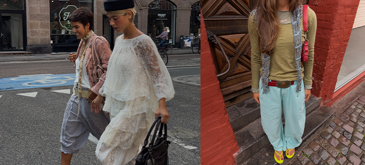 Four street style photos showing women in casual summer outfits with colorful pants, bags, and accessories on urban sidewalks.