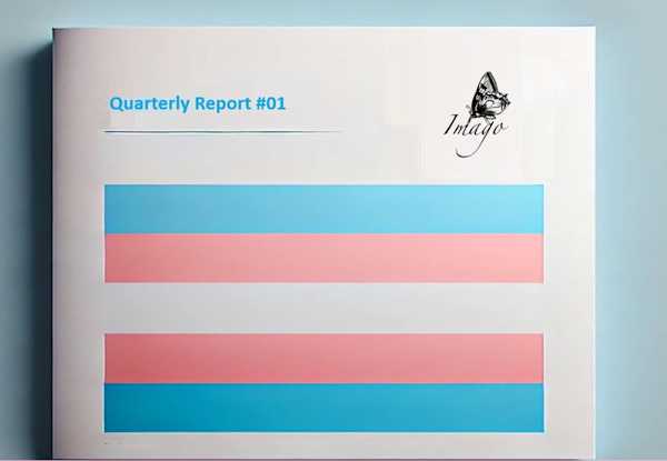 A book with Imago Clinic logo and a transgender flag, titled Quarterly Report #01