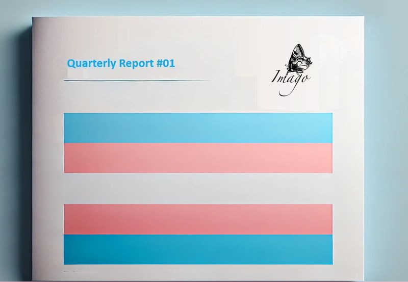 A book with Imago Clinic logo and a transgender flag, titled Quarterly Report #01