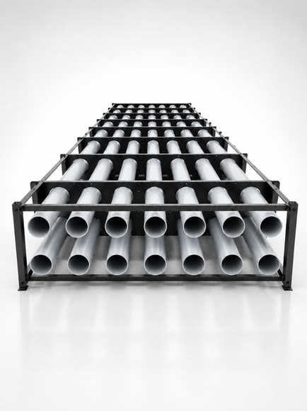 Duct bank assembly: rows of conduit held in a steel frame