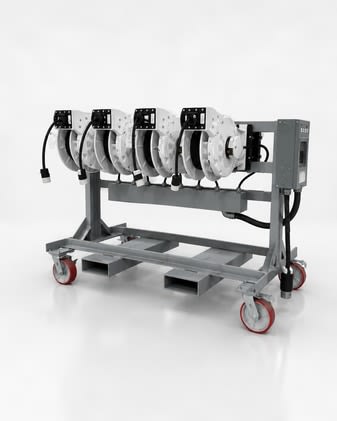Lift charging stand with cable reels on a wheeled frame