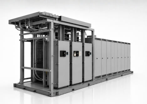 Modular electrical skid: switchgear on a structural steel base and frame